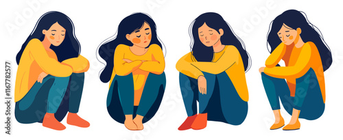 Depressed women. Female characters expression woman negative emotions, girls with sad face and frustrated poses depression concept vector illustration set