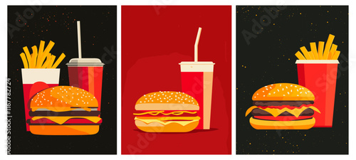 Fast food retro posters. Fastfood meals vertical advertisement vintage design for restaurant, burger hamburger french fries cheeseburger paper cup soda cold drink vector illustration