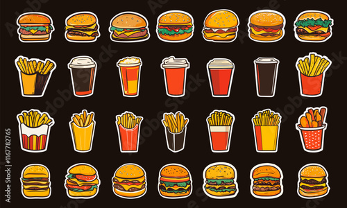 Fast food stickers set. Take out food icons, burger hamburger french fries cheeseburger paper cup soda juice cold drink street meal vector illustrations