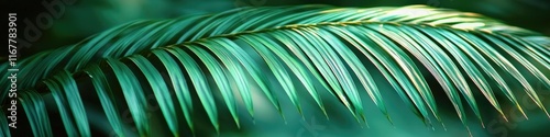 Close-up of vibrant green palm frond, sunlight highlights texture and details.