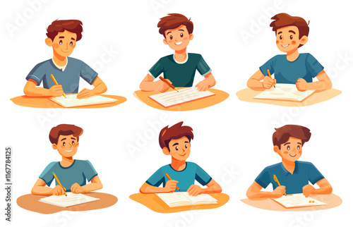 Writing boys. School student writing in notebook, pupil child boy characters schoolboy homework exam or writing letter concept, set cartoon vector illustration