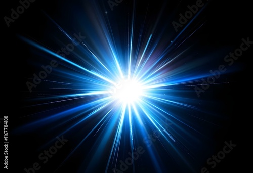 Bright blue light burst with radiant rays on black background. Abstract glowing star explosion effect. Shining light flare. Dramatic backdrop for space or energy theme