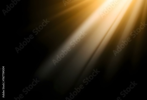 Dramatic golden light rays breaking through darkness. Bright divine beams shining from above. Spiritual enlightenment concept. Abstract background for religious, inspirational designs with copy space photo