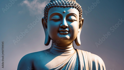 Serene Buddha Statue. The image showcases a peaceful figure with closed eyes and a slight smile, radiating tranquility and wisdom. Soft lighting highlighting every intricate detail of the statue