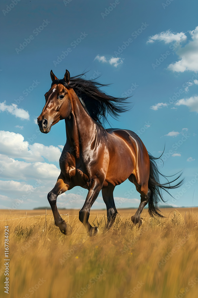Majestic Horse in Full Gallop Across Open Meadow on Sunny Day Majestic Horse in Full Gallop Across Open Meadow on Sunny Day
