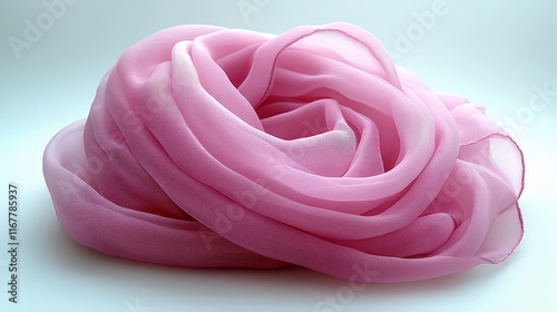 Soft pink silk scarf arranged in a beautiful swirl on a white background.