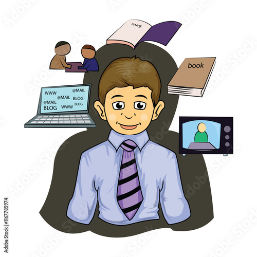 smart person or employer  with television, laptop, book, and various icon isolated on white vector illustration