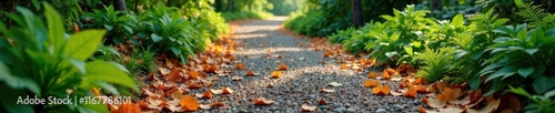 Granite gravel path with fallen leaves and ferns, greenery, leaf litter