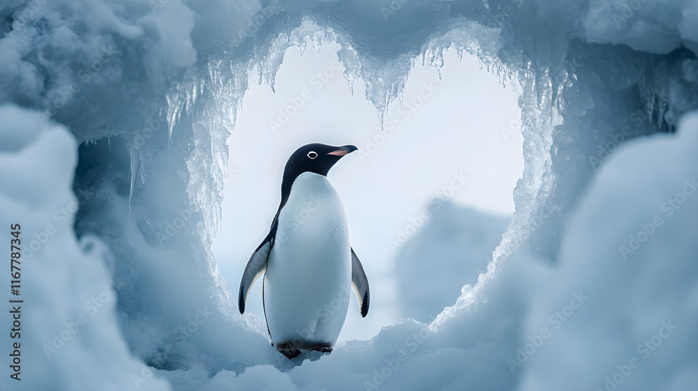 Fototapeta premium Penguin in a Heart-shaped Ice Frame: A Symbol of Love and Resilience in Icy Habitats
