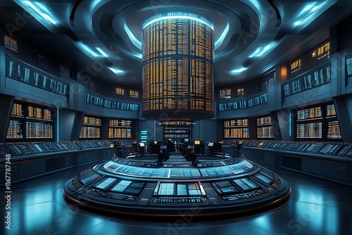 Futuristic control room with central data tower.