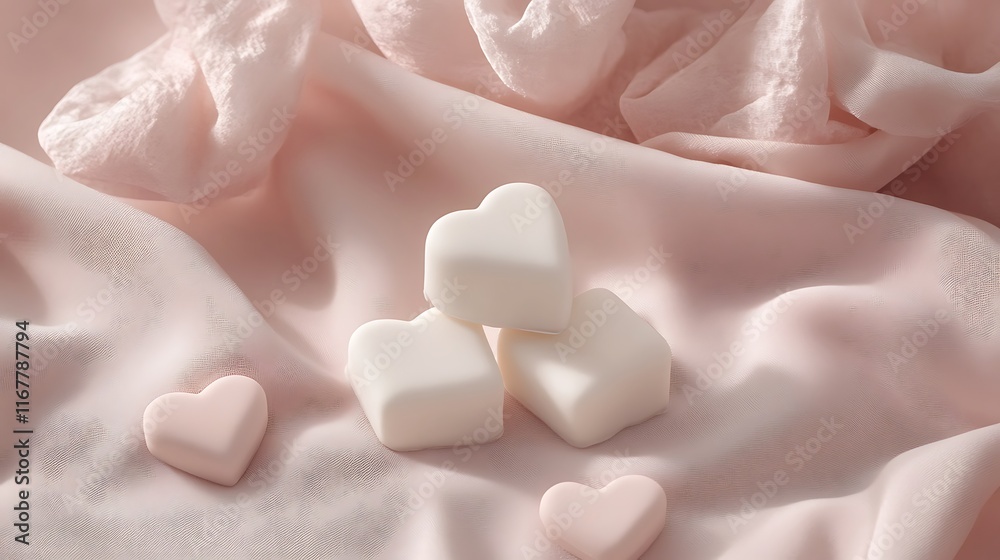 Heart shaped candies rest on pink fabric Heart shaped candies rest on pink fabric