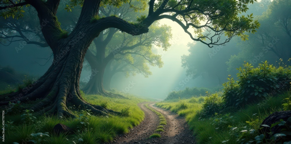 Serpentine forest path winding through a misty landscape with twisted tree branches and leaves swaying in the breeze , foliage, mist Serpentine forest path winding through a misty landscape with twisted tree branches and leaves swaying in the breeze , foliage, mist