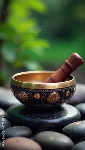 Singing bowl on vibrant stones with wooden mallet for resonant tones, vibration, natural sounds
