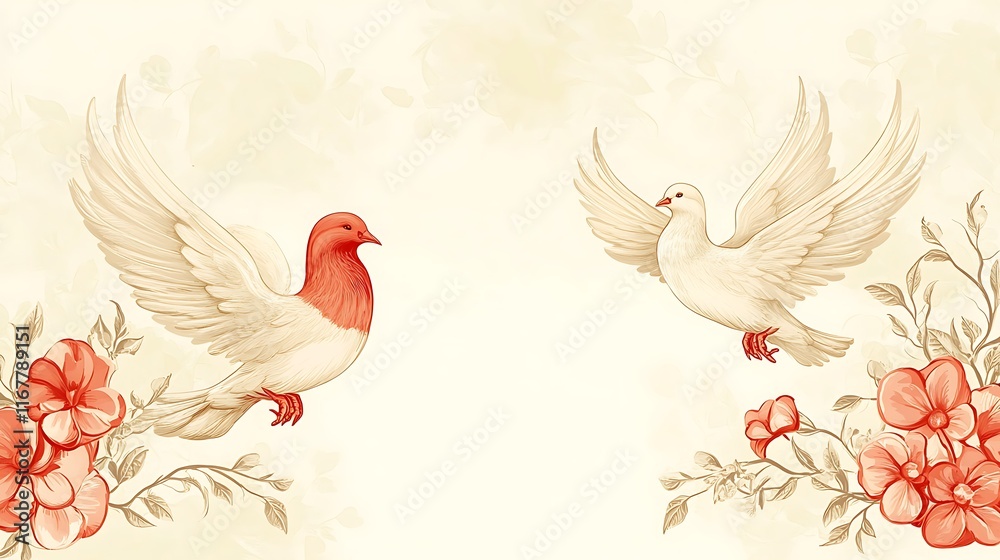 Obraz premium Elegant Doves in Flight with Delicate Floral Accents