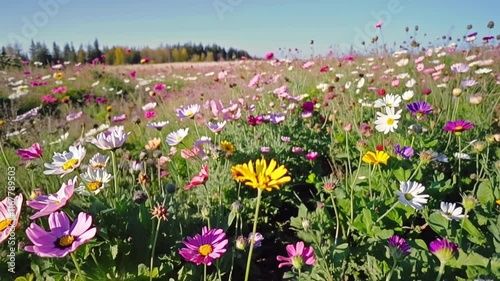 Vibrant wildflower field in full bloom under bright daylight.