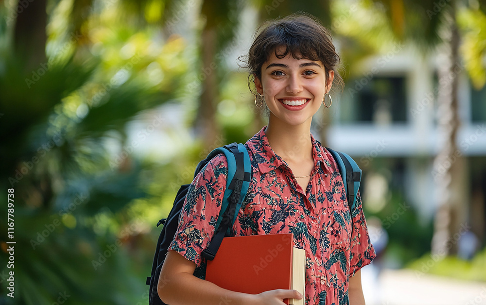 University female student with a backpack and books in hand, smiling excitedly about her study abroad journey. Ready for adventure, with a modern campus building in the background.
University female student with a backpack and books in hand, smiling excitedly about her study abroad journey. Ready for adventure, with a modern campus building in the background.