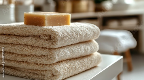 Stack of beige towels with bar soap on top.