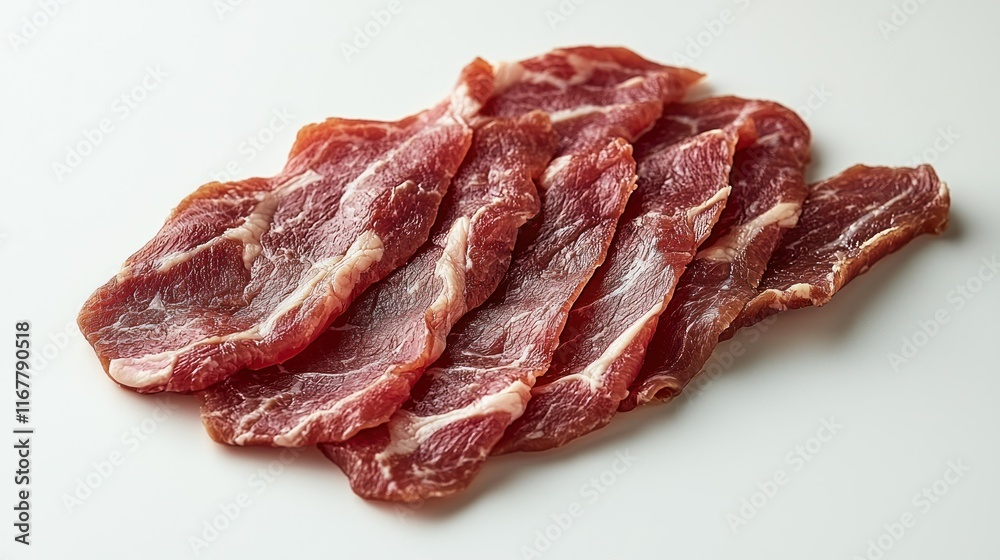 Slices of raw meat arranged on a white background. Slices of raw meat arranged on a white background.