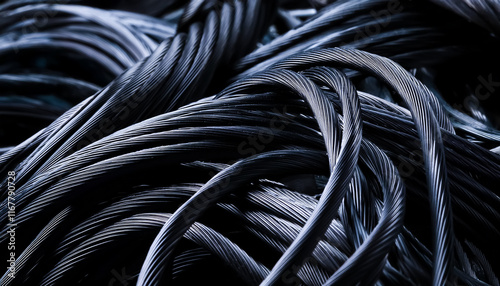 multitude of cables, cords, wiring, electrical, information, conveying, signal, connecting, tangled, black