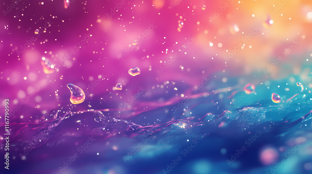 Water droplets falling into a colorful liquid. Opalescence. Illustration Water droplets falling into a colorful liquid. Opalescence. Illustration