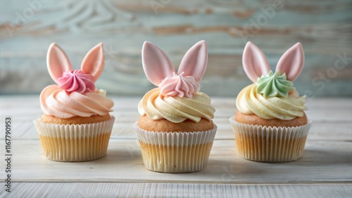 Bunny ear cupcakes with pastel decor