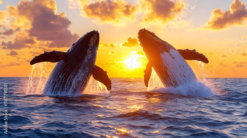 Two humpback whales breaching at sunset, ocean water splashing. photo