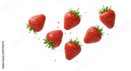flying strawberries isolated on transparent background, cutout