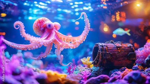 A vibrant octopus playfully interacts with a treasure chest in a colorful underwater scene. photo