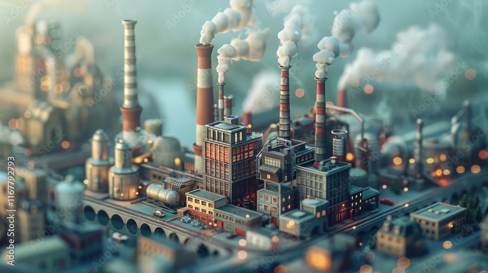 Fototapeta premium Low-poly industrial complex with pollution.