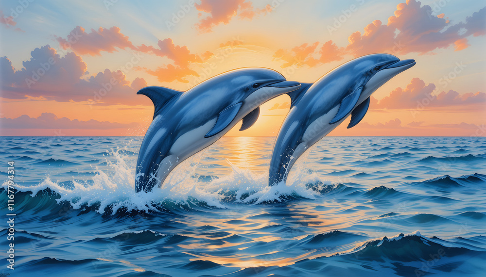 Fototapeta premium Graceful Dolphins Leaping in Vibrant Sunset Ocean Scene