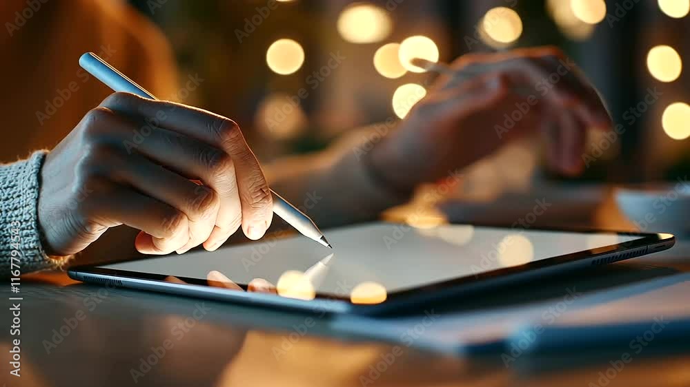 Close Up of Hands Typing on Tablet in Modern Office Environment Close Up of Hands Typing on Tablet in Modern Office Environment