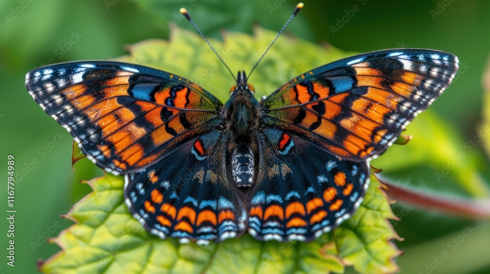 Fototapeta premium Vibrant butterfly with orange, black, and blue wings perched on a green leaf.