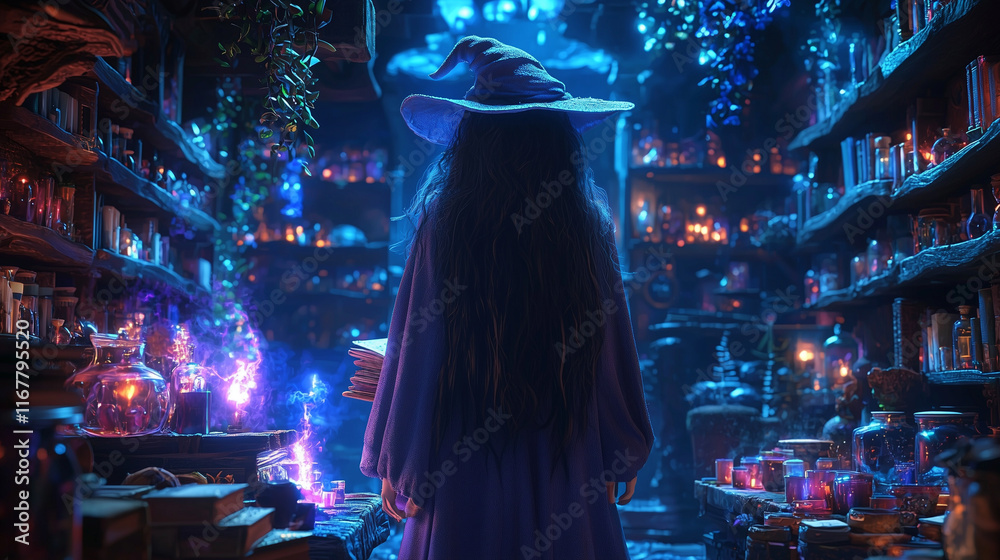 Obraz premium Cartoon witch and magic