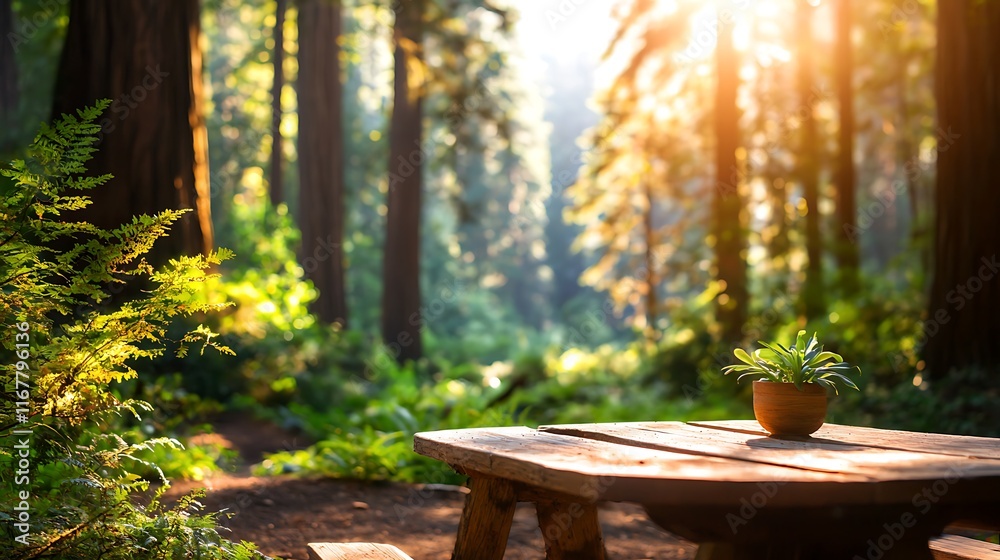 Rustic wooden picnic table in sun-dappled redwood forest. Rustic wooden picnic table in sun-dappled redwood forest.