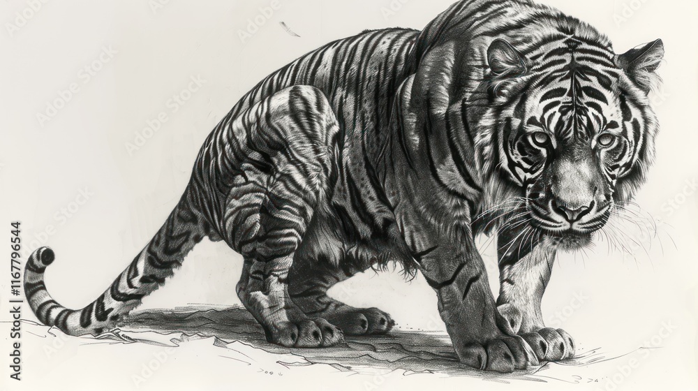 Majestic tiger depicted in a monochrome drawing, showcasing its powerful physique and intense gaze. Majestic tiger depicted in a monochrome drawing, showcasing its powerful physique and intense gaze.
