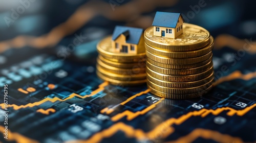 Economic growth illustrated by miniature houses on stacks of coins highlighting financial investment trends