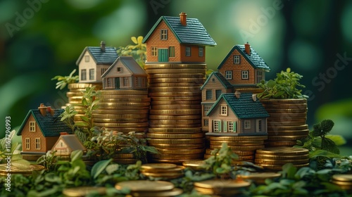 Miniature houses on stacks of coins symbolize real estate investment and financial growth in a natural setting
