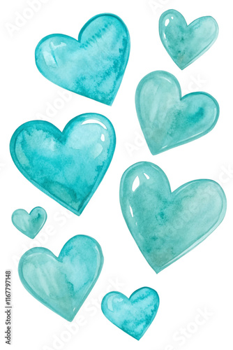 Watercolor hearts, turquoise shades, artistic design, romantic theme, decorative elements, love symbols, vibrant colors.