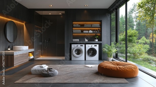 Modern spa-like bathroom laundry room with forest view