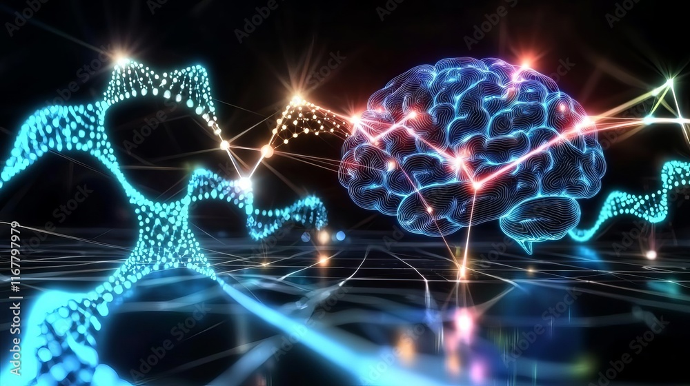 Fototapeta premium Neural networks deep learning prediction concept. Colorful digital brain with neural connections and abstract light effects.