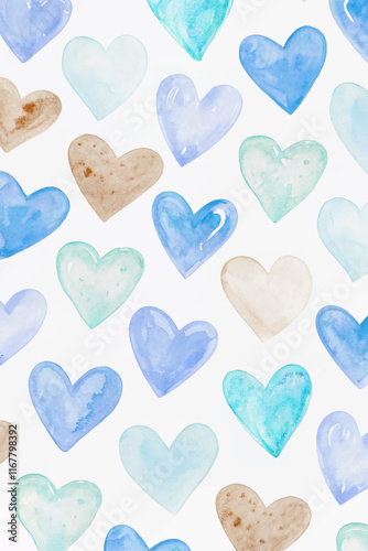 Watercolor heart pattern, soft blue tones, light pastel colors, romantic design, seamless background, artistic texture.