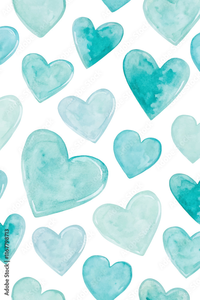 Fototapeta premium Watercolor heart pattern, soft teal shades, seamless design, romantic theme, perfect for invitations, backgrounds, and prints.