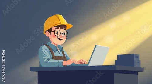 The builder is working on a laptop.