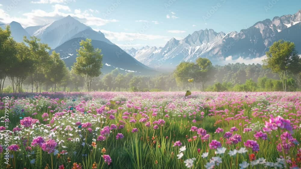 Colorful flower meadow with majestic mountains and green trees under clear sky. Scenic nature concept saemless looping 4k time-lapse animation video background Colorful flower meadow with majestic mountains and green trees under clear sky. Scenic nature concept saemless looping 4k time-lapse animation video background