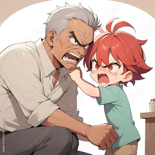 Angry Father and Son: A Tense Moment in Modern Anime Style photo