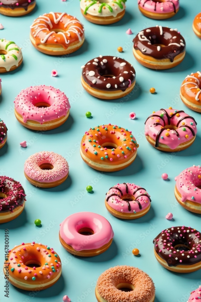 Various glazed donuts, seamless repeat pattern, tileable, donut, food photography