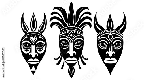 Three distinct black and white tribal African masks showcasing intricate designs and cultural artistry in modern flat style