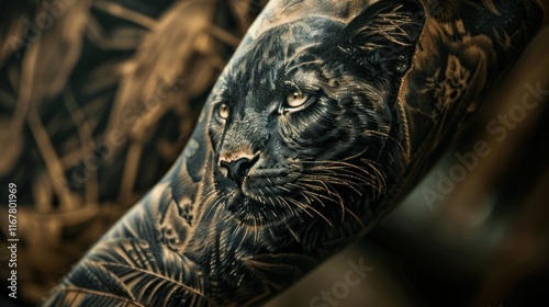 Close-up of a realistic black panther tattoo on a person's arm. photo