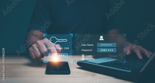 Two factor authentication or 2FA concept, Businessman using smartphone for access password to online information. Cybersecurity and privacy protect data. Internet network security.