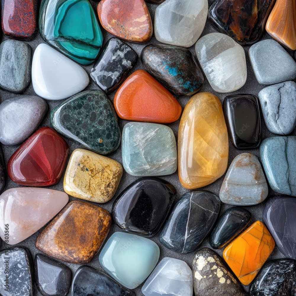 A collection of colorful stones and rocks are arranged in a pattern A collection of colorful stones and rocks are arranged in a pattern